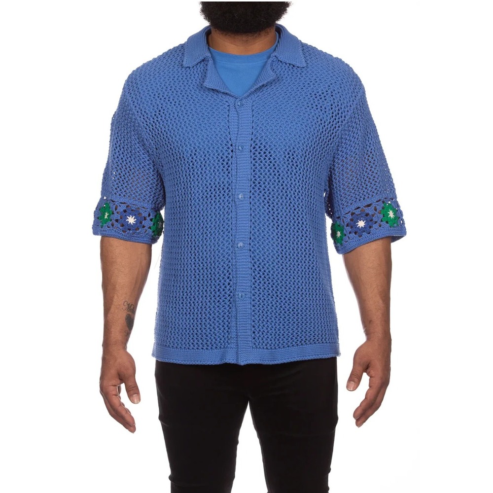 Billionaire Boys Club Crochet Knit Shirt Mens L Blue Granny Square‎ Logo 4594